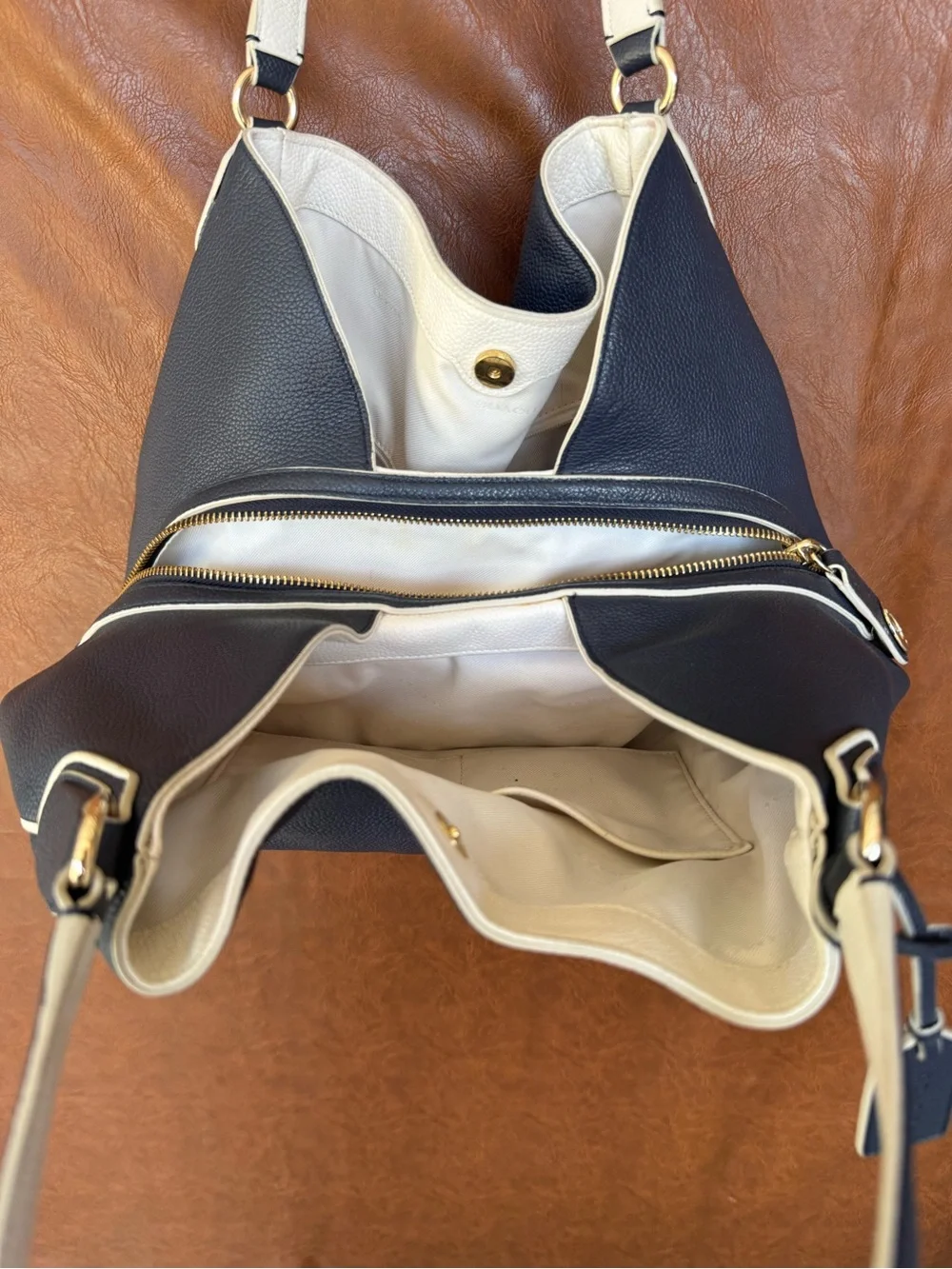 Coach Edie Large Navy Blue Cream Pebbled Leather Horse Carriage Hobo Bag